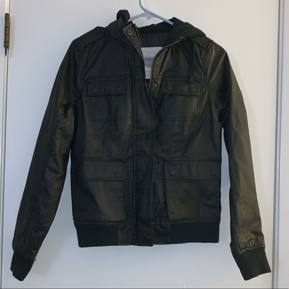 Dravus black faux leather jacket with hoodie